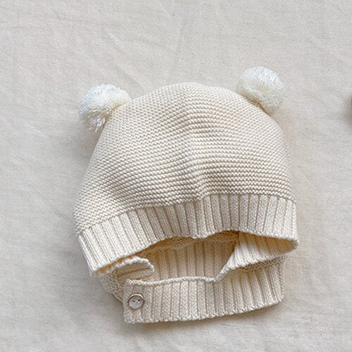 0-24M Unisex White Baby Knit Two Piece Romper and Teddy Hat Set