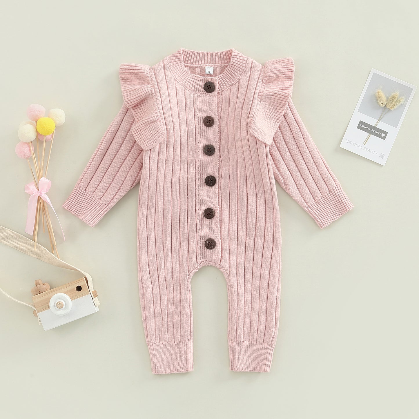 Baby Girls Toddler Fall Winter Pink Knit Ruffle Romper Jumpsuit