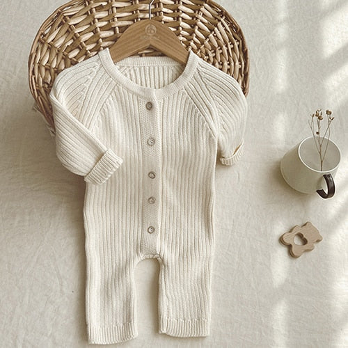0-24M Unisex White Baby Knit Two Piece Romper and Teddy Hat Set