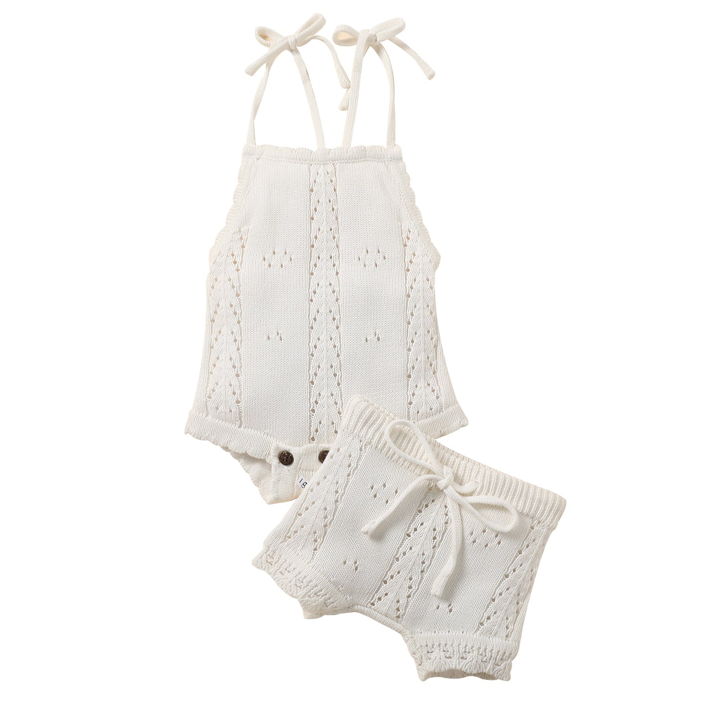 2 Pc Set: Lace-Up Knitted Backless Romper + Drawstring Shorts Outfit Baby Girls