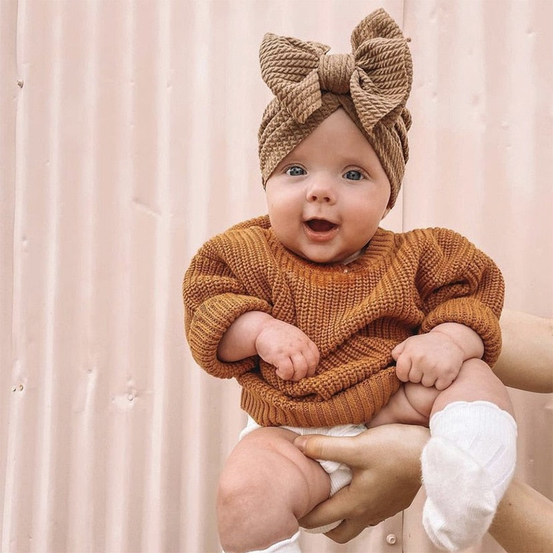 1 Pc: Solid Color Baby Girls Knotted Beanie Hat with Bow Hair Accessories
