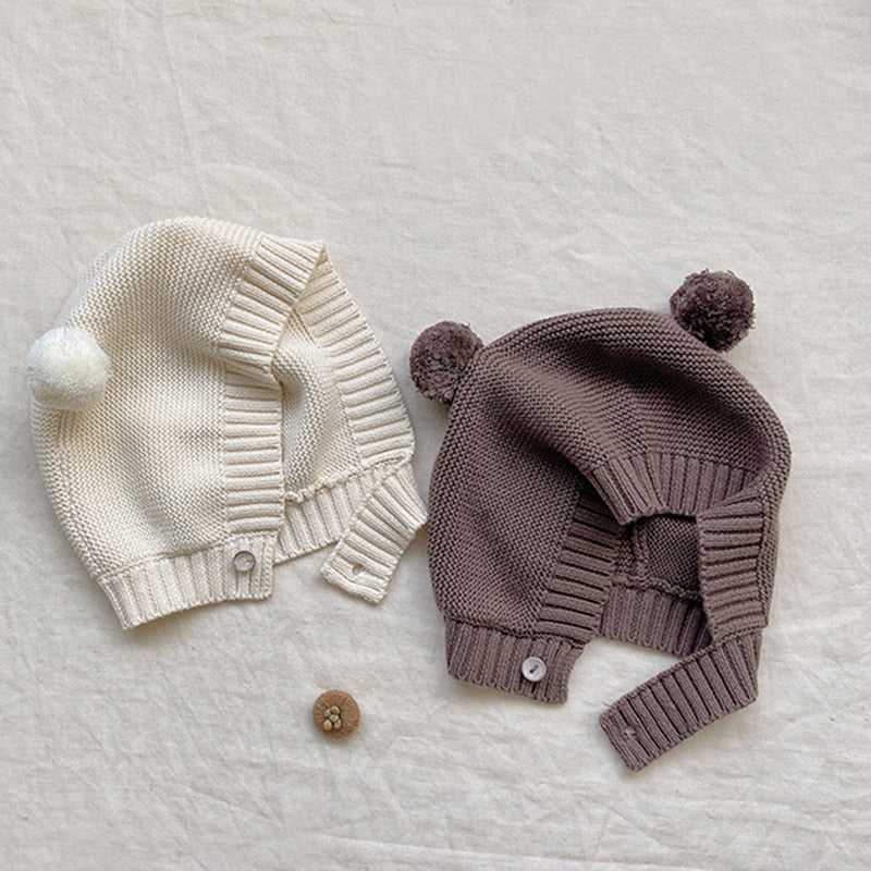0-24M Unisex White Baby Knit Two Piece Romper and Teddy Hat Set