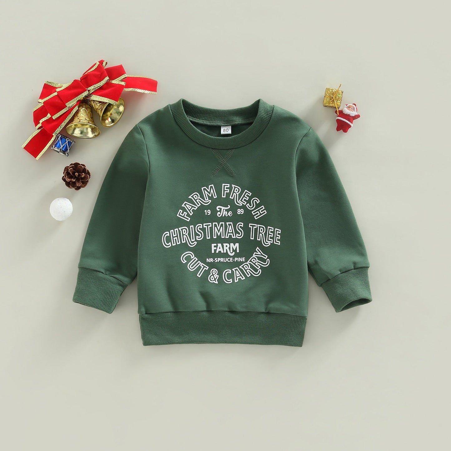 Unisex Infant Toddler Kids Green Christmas Tree Print Long Sleeve Pullover Sweatshirt