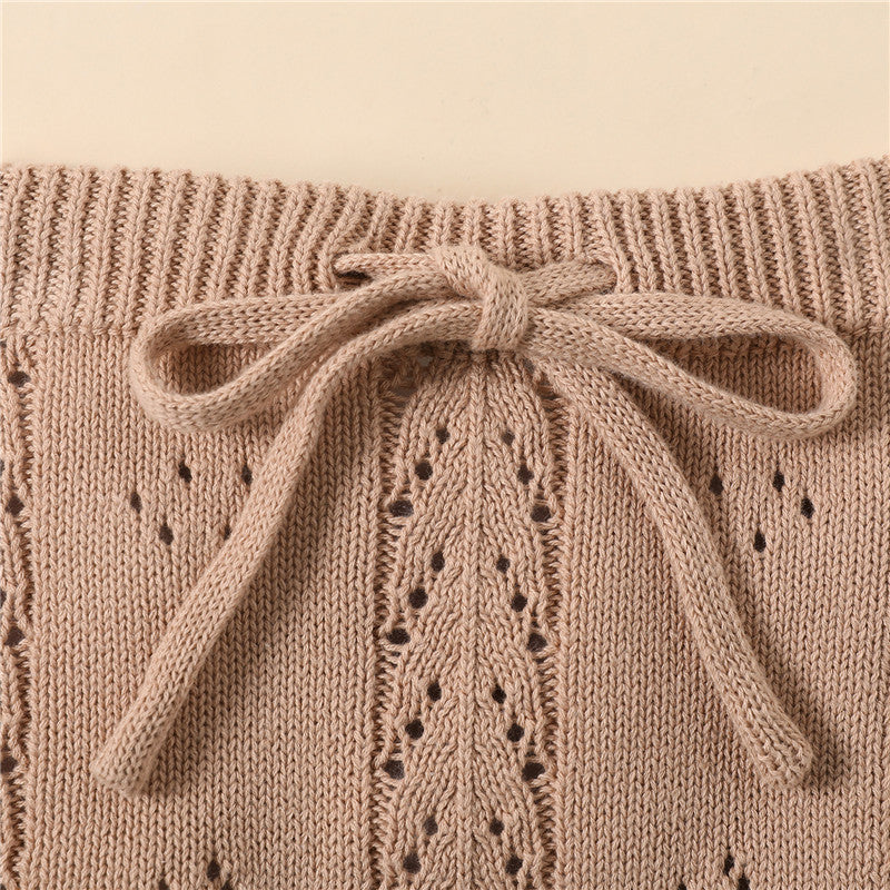 2 Pc Set: Lace-Up Knitted Backless Romper + Drawstring Shorts Outfit Baby Girls