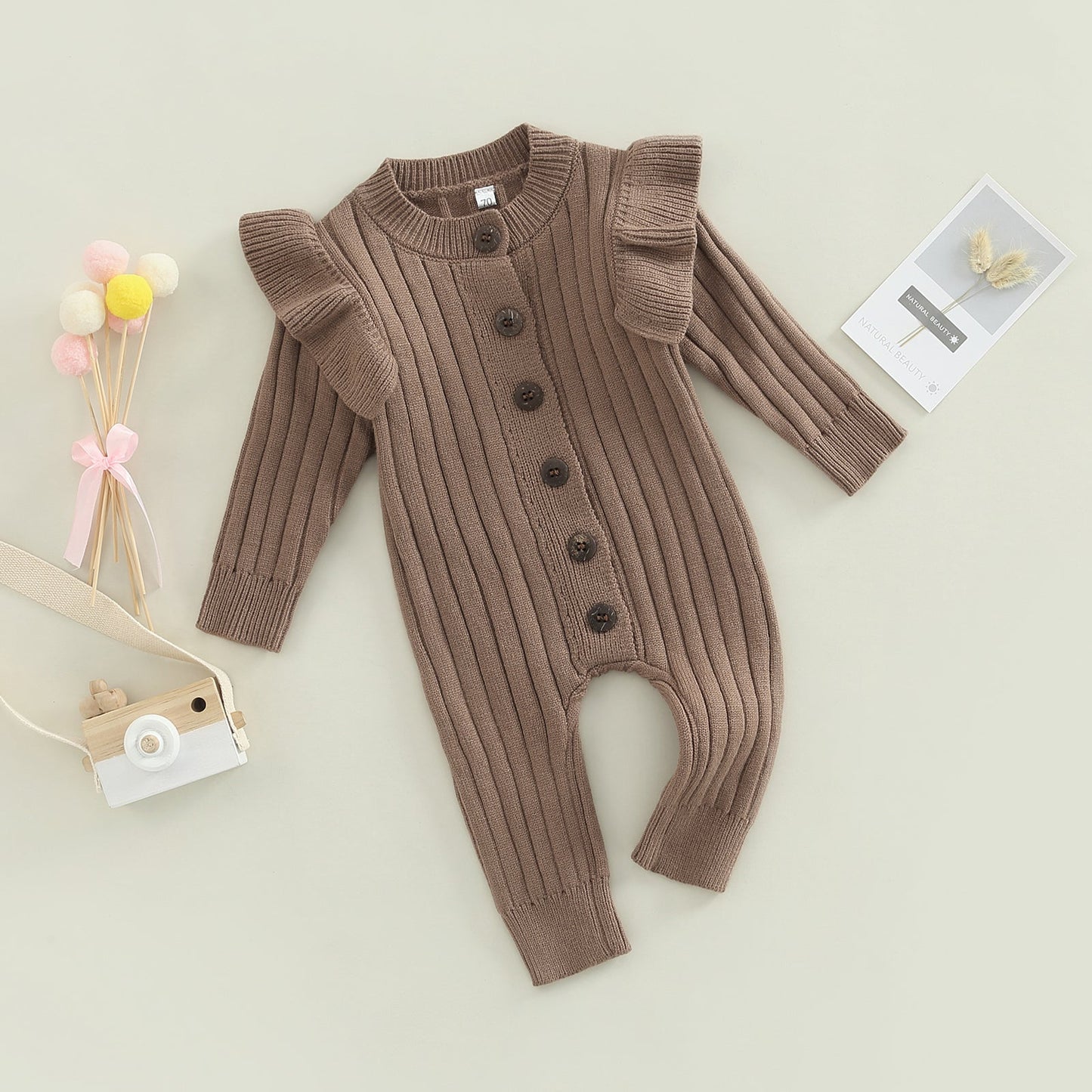 Baby Girls Toddler Fall Winter Chocolate Knit Ruffle Romper Jumpsuit