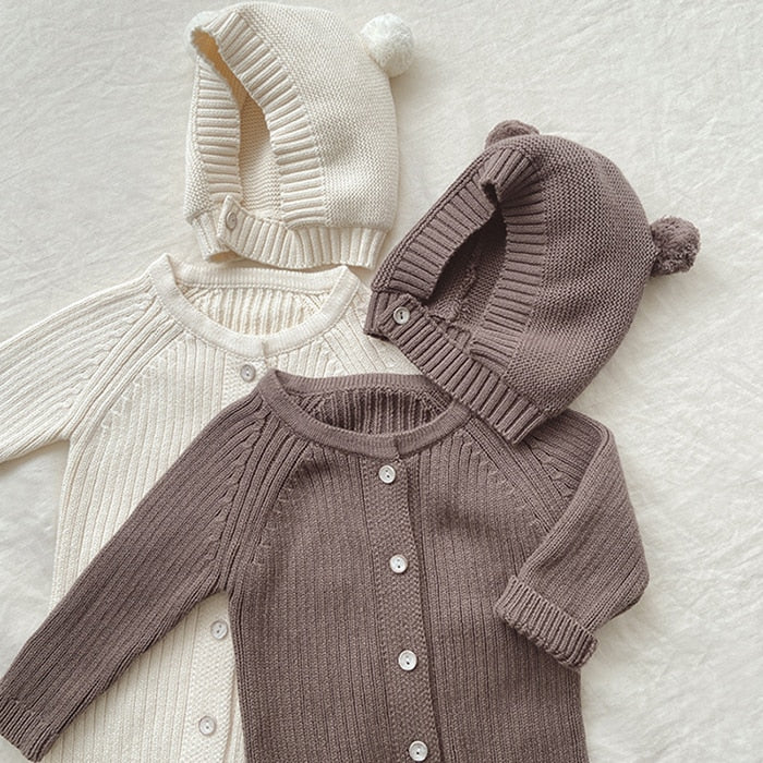 0-24M Unisex White Baby Knit Two Piece Romper and Teddy Hat Set