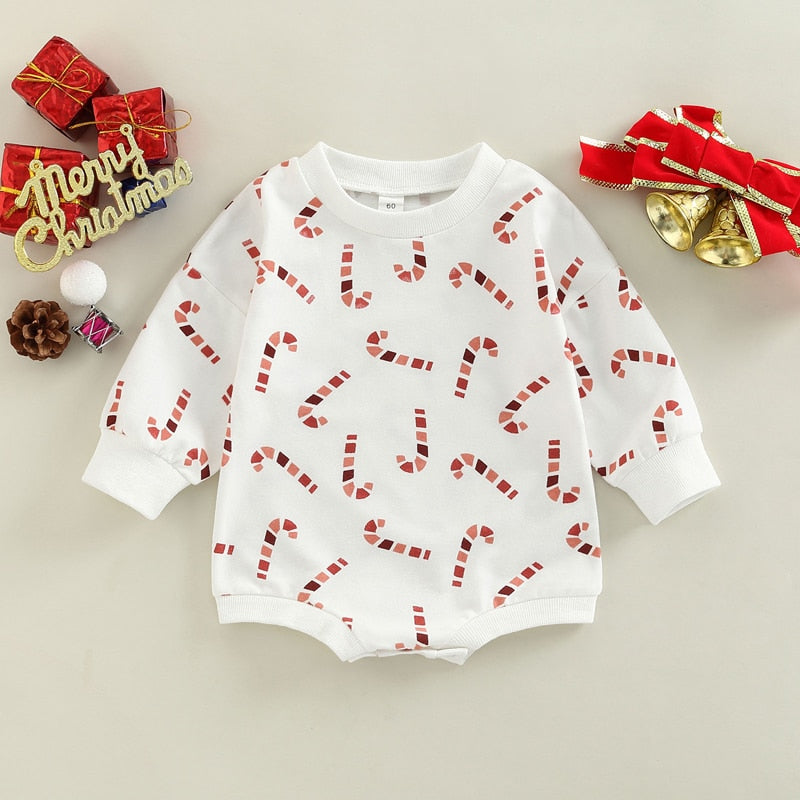 Newborn Infant Toddler Unisex Christmas Candy Cane Long Sleeve Bodysuit Romper