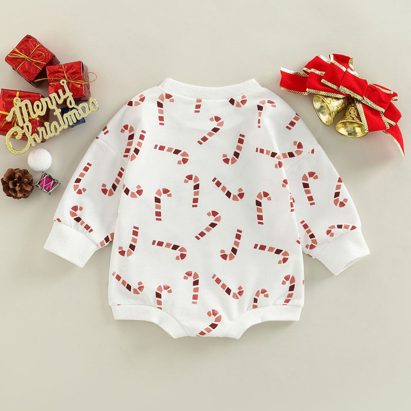 Newborn Infant Toddler Unisex Christmas Candy Cane Long Sleeve Bodysuit Romper