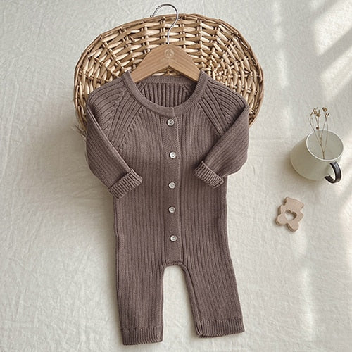 0-24M Unisex Coffee Baby Knit Two Piece Romper and Teddy Hat Set