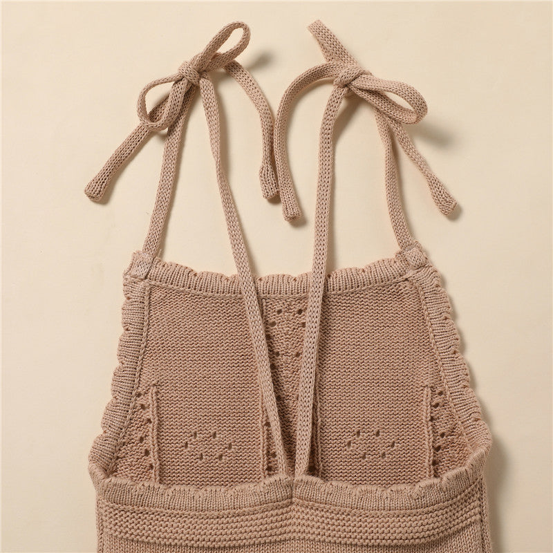 2 Pc Set: Lace-Up Knitted Backless Romper + Drawstring Shorts Outfit Baby Girls