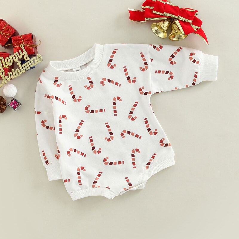 Newborn Infant Toddler Unisex Christmas Candy Cane Long Sleeve Bodysuit Romper