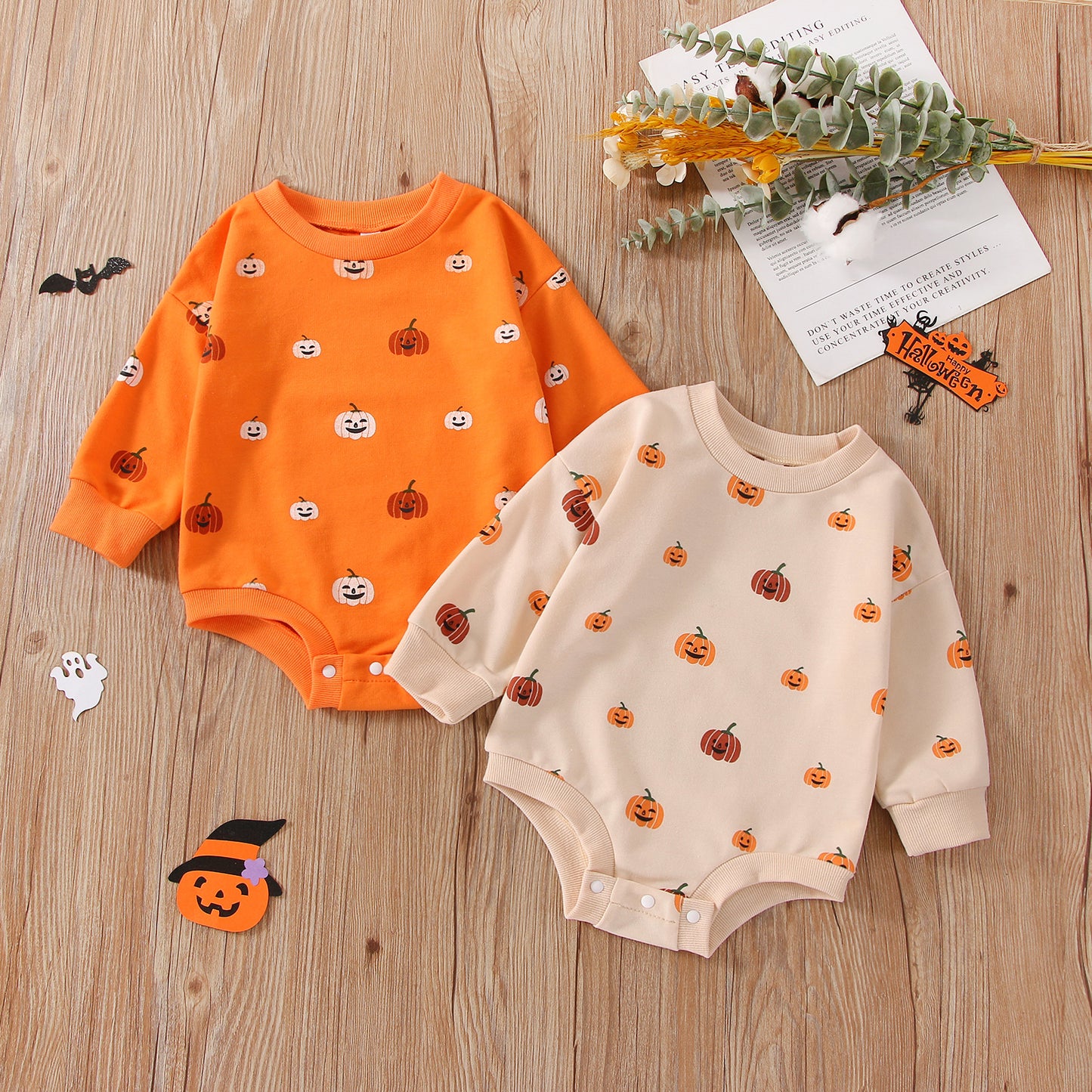 Infant Toddler Unisex Halloween Pumpkin Print Long Sleeve Sweater Romper Bodysuit