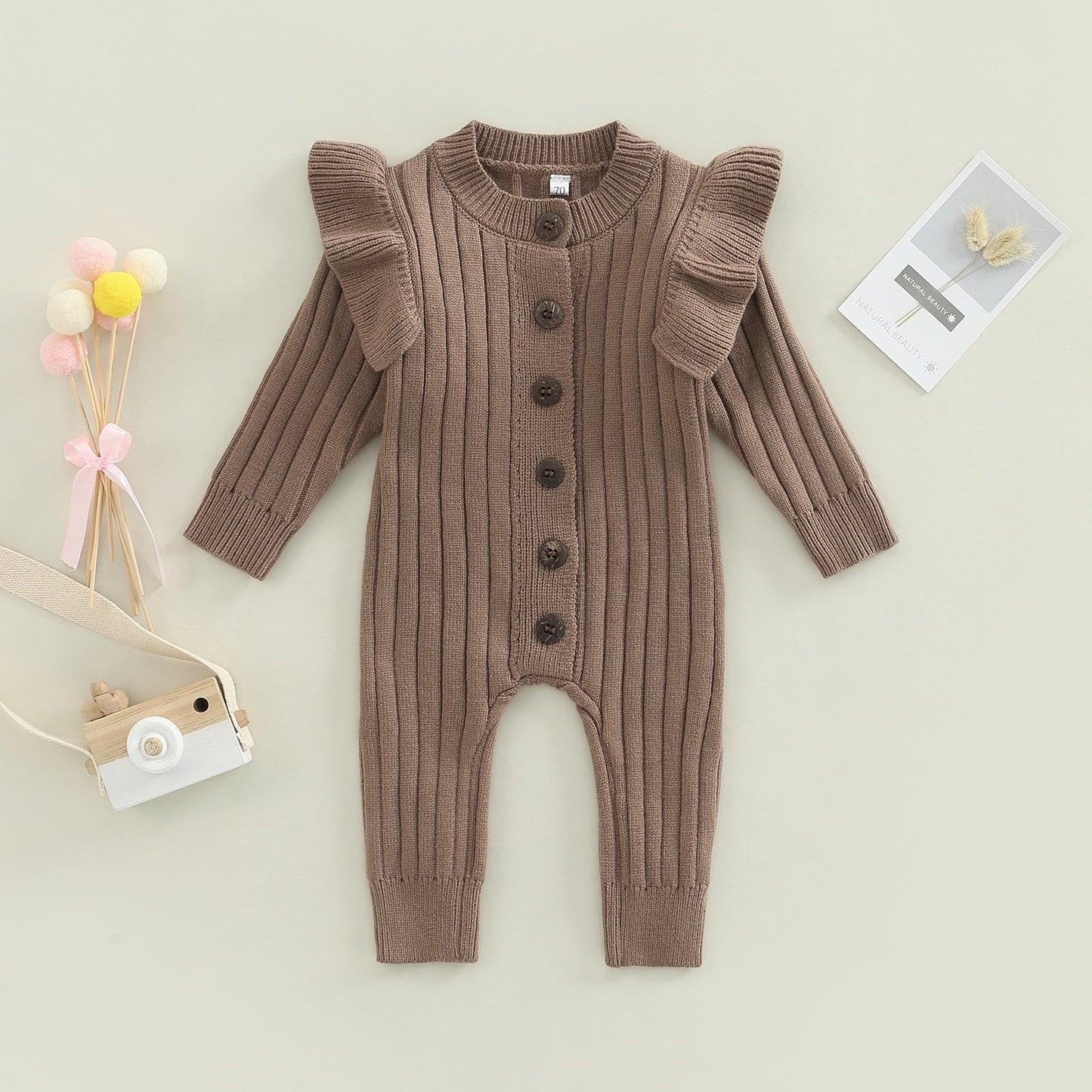 Baby Girls Toddler Fall Winter Chocolate Knit Ruffle Romper Jumpsuit
