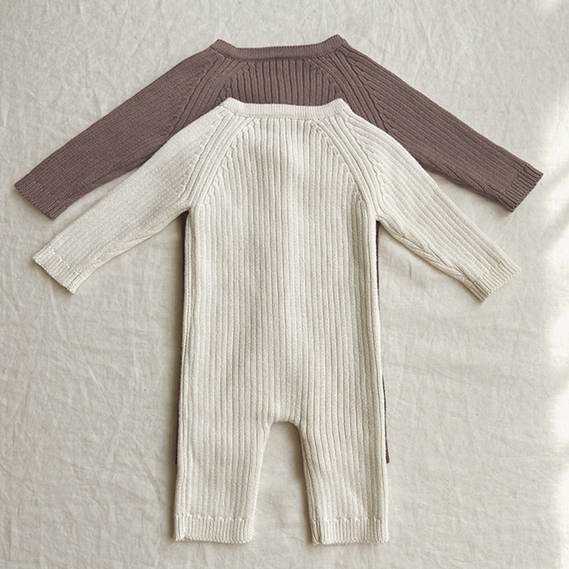 0-24M Unisex White Baby Knit Two Piece Romper and Teddy Hat Set