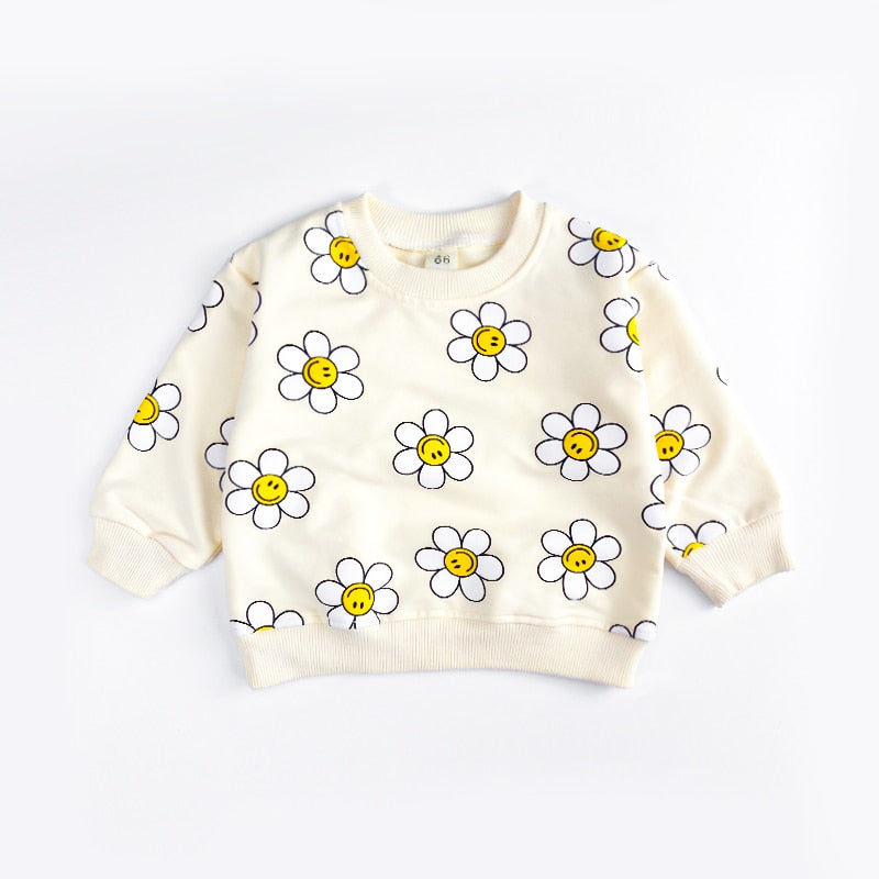 White Sunflower Print Long Sleeve Unisex Baby Tops