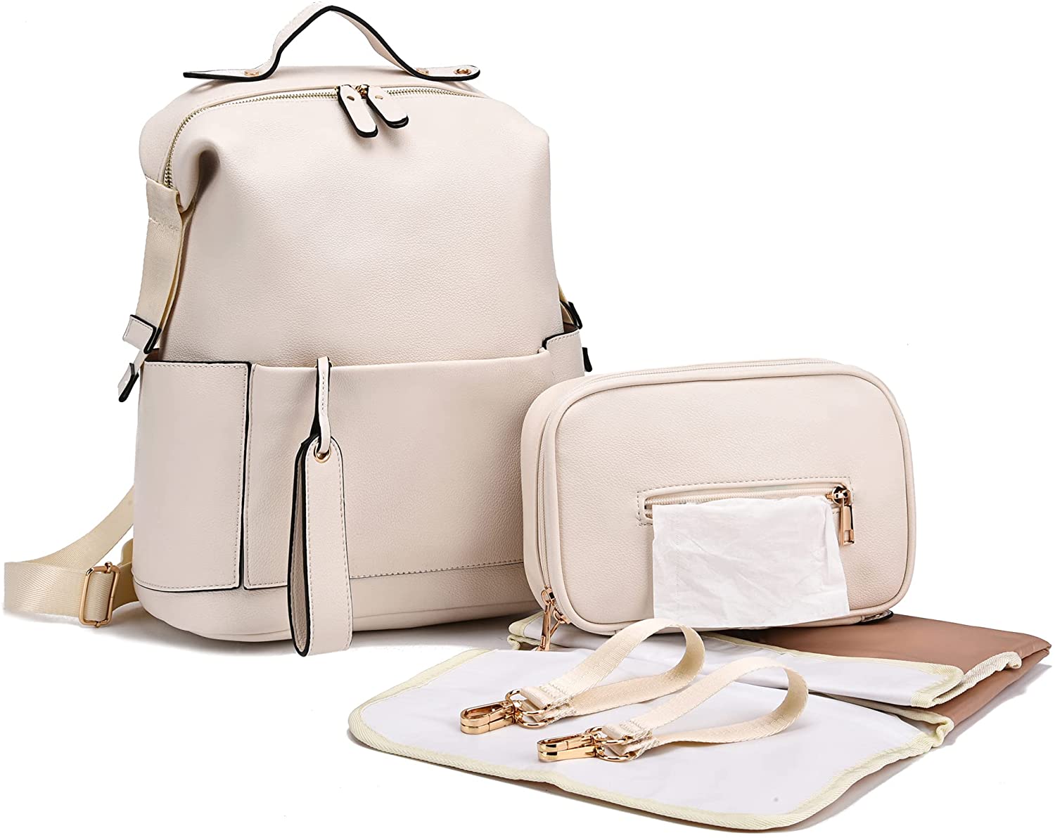 daisy leather backpack Baby Vegan Leather Diaper Bag Travel Backpack with Changing Pad & Accessories White