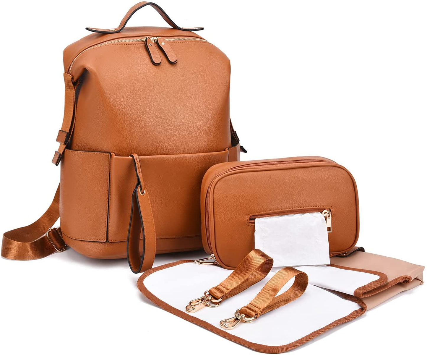 Baby Vegan Leather Diaper Bag Travel Backpack with Changing Pad & Accessories
