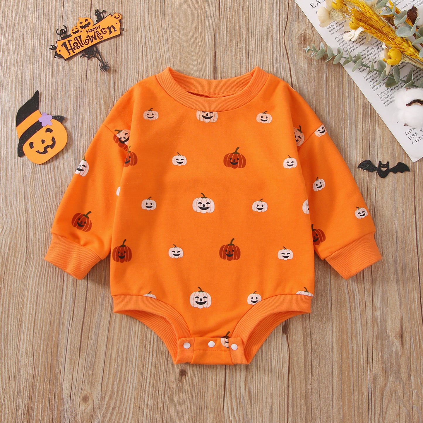 Infant Toddler Unisex Halloween Pumpkin Print Long Sleeve Sweater Romper Bodysuit
