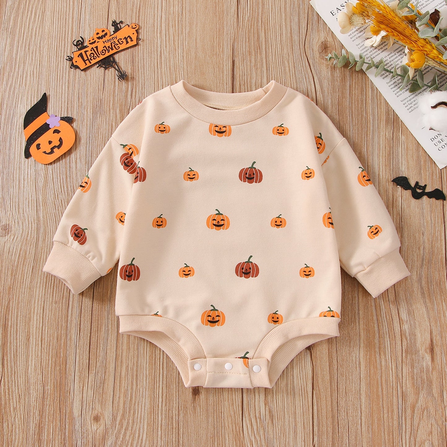 Infant Toddler Unisex Halloween Pumpkin Print Long Sleeve Sweater Romper Bodysuit
