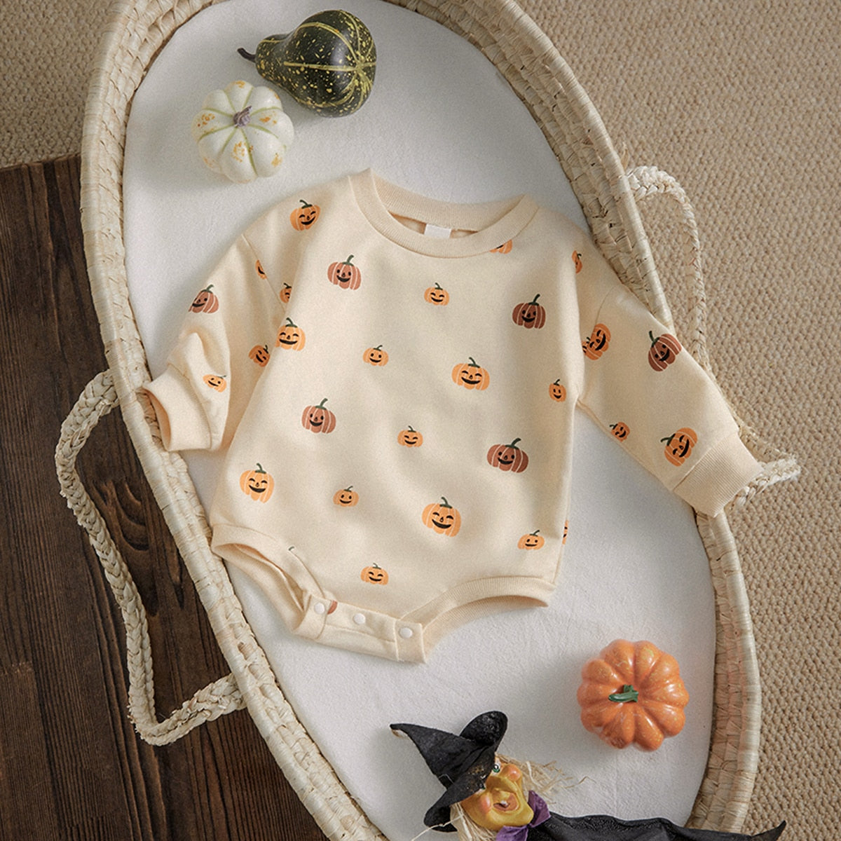 Infant Toddler Unisex Halloween Pumpkin Print Long Sleeve Sweater Romper Bodysuit