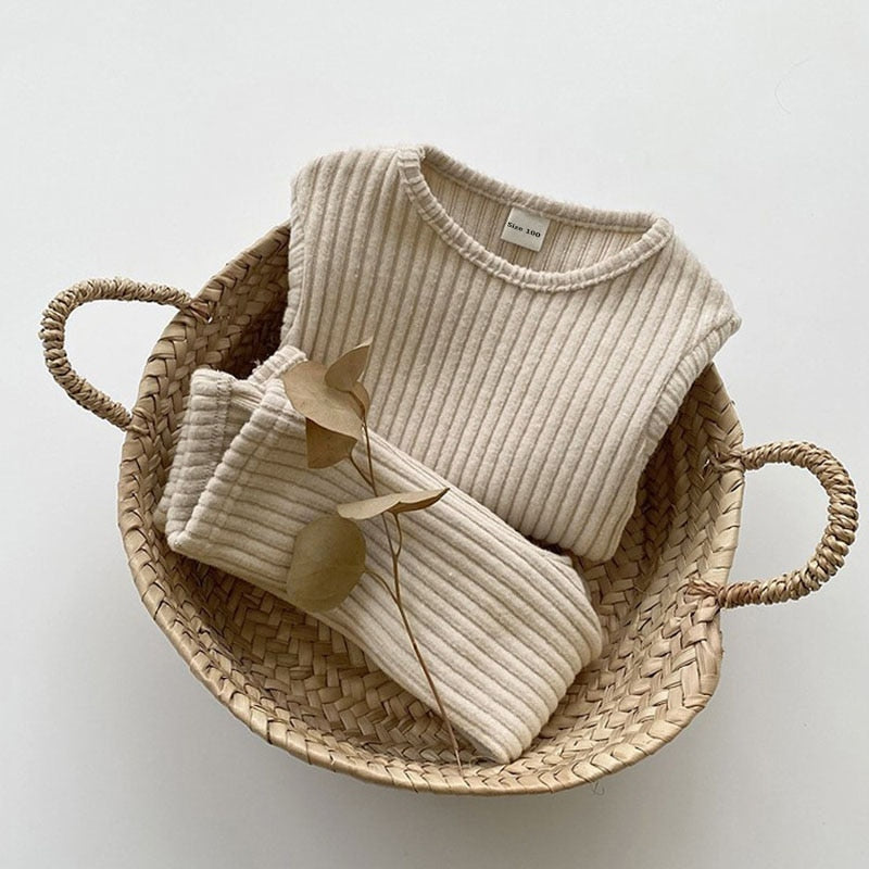 0-5T Baby Toddler Two Piece Beige Winter Knit Sweater Pants Leggings Set