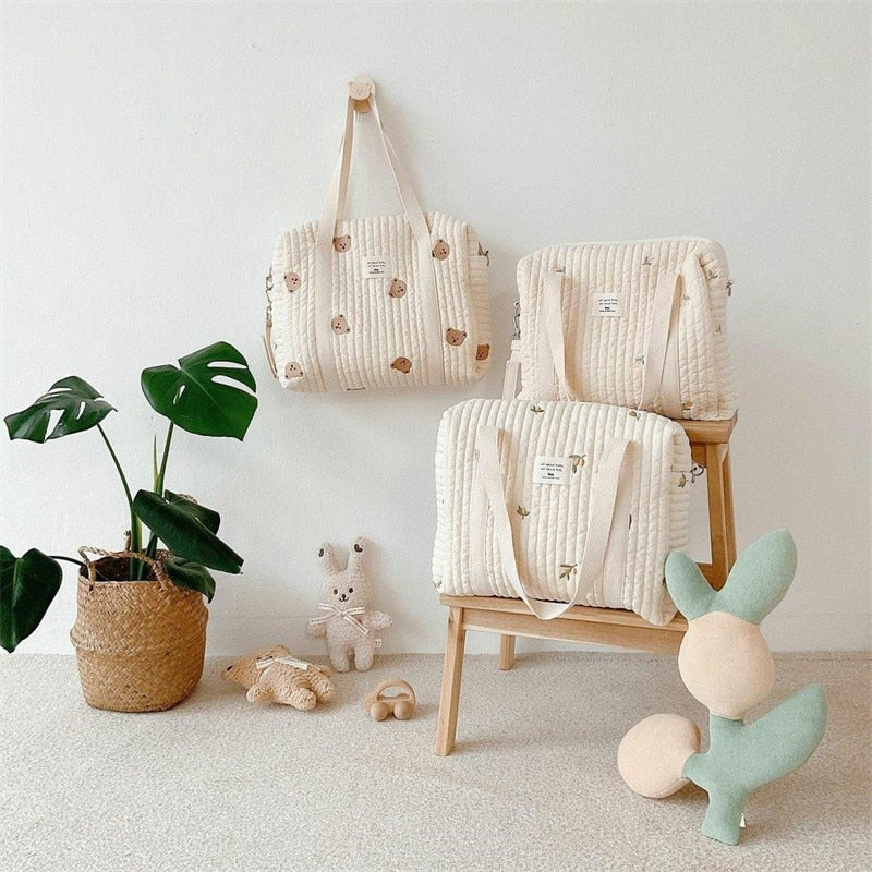 Bear Floral Print Extra Large Cotton Beige Baby Diaper Bag