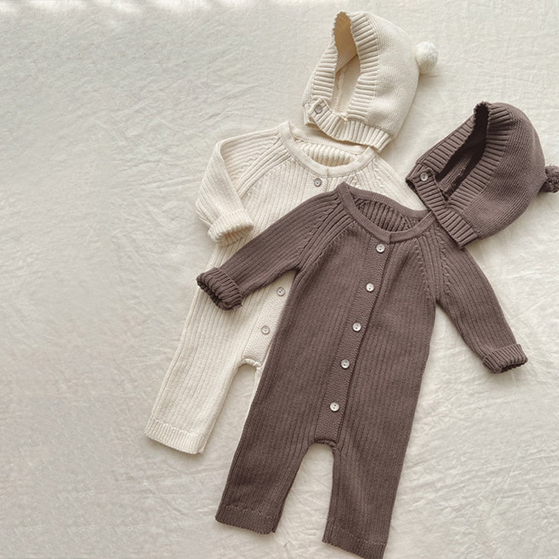 0-24M Unisex White Baby Knit Two Piece Romper and Teddy Hat Set