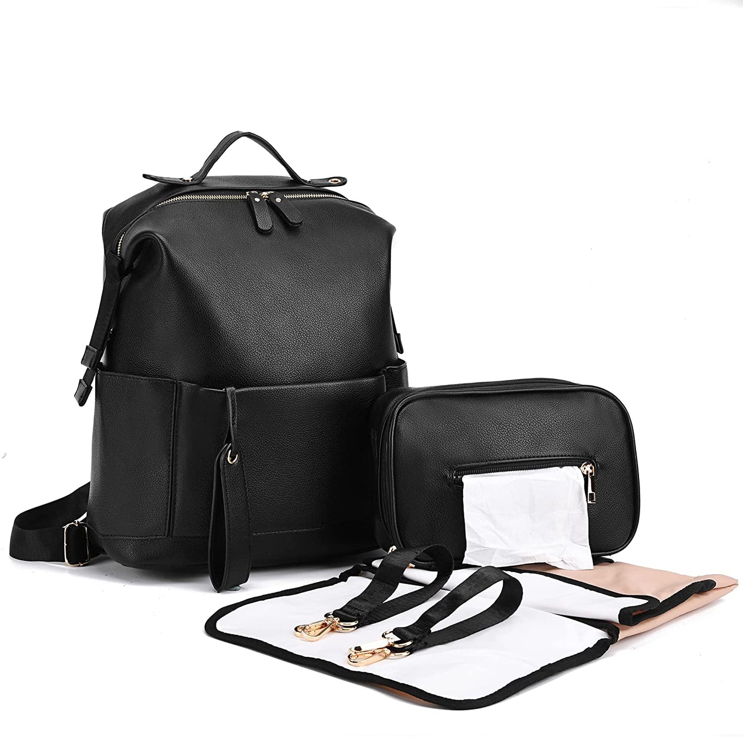 Baby Vegan Leather Diaper Bag Travel Backpack with Changing Pad & Accessories