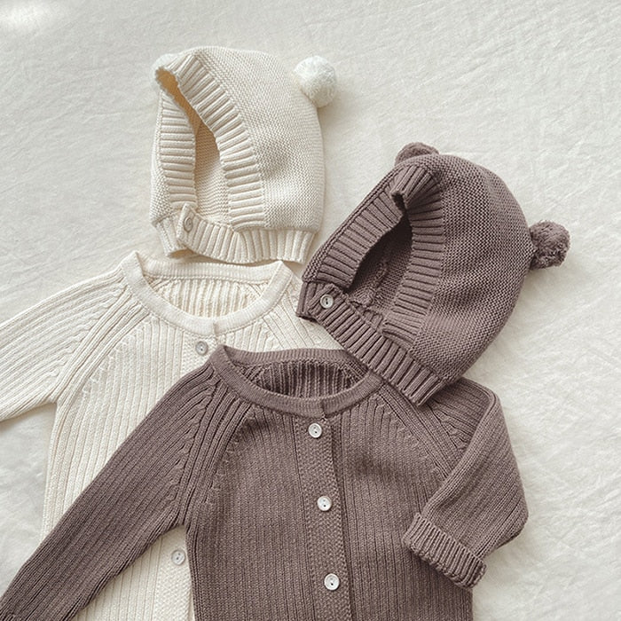 0-24M Unisex Coffee Baby Knit Two Piece Romper and Teddy Hat Set