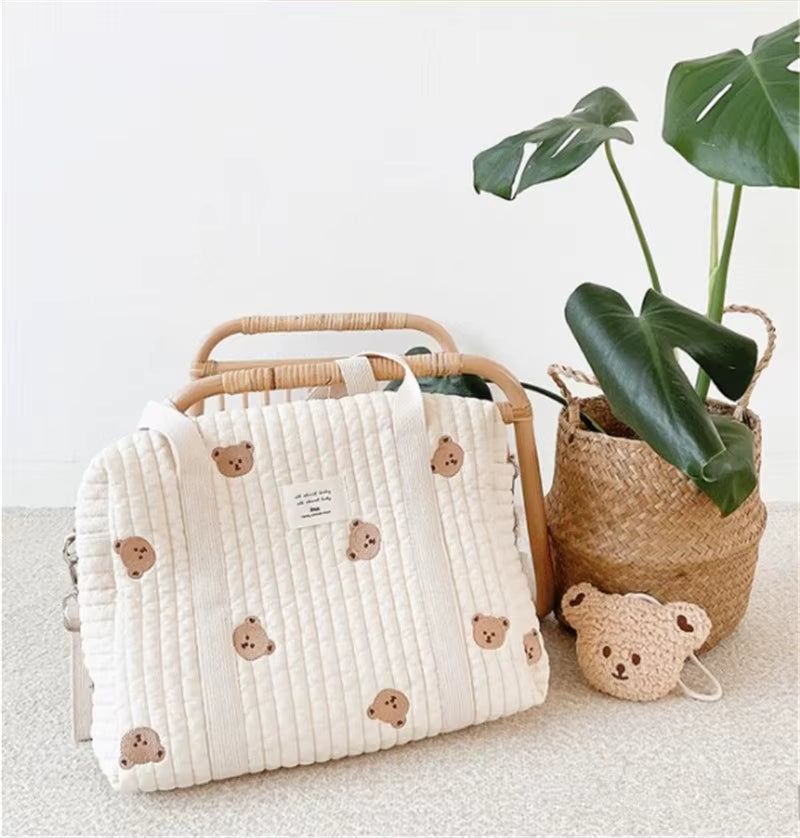 Bear Floral Print Large Cotton Beige Baby Diaper Bag
