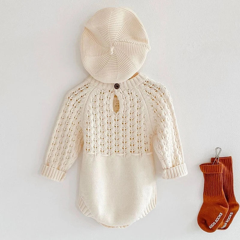 Unisex Baby Toddler Cream Long Sleeve Knitted Romper Jumpsuit
