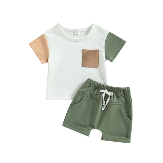 2 Pc Set: 0-3T Toddler Infant Baby Tan & Green Block Tee and Shorts Summer Set