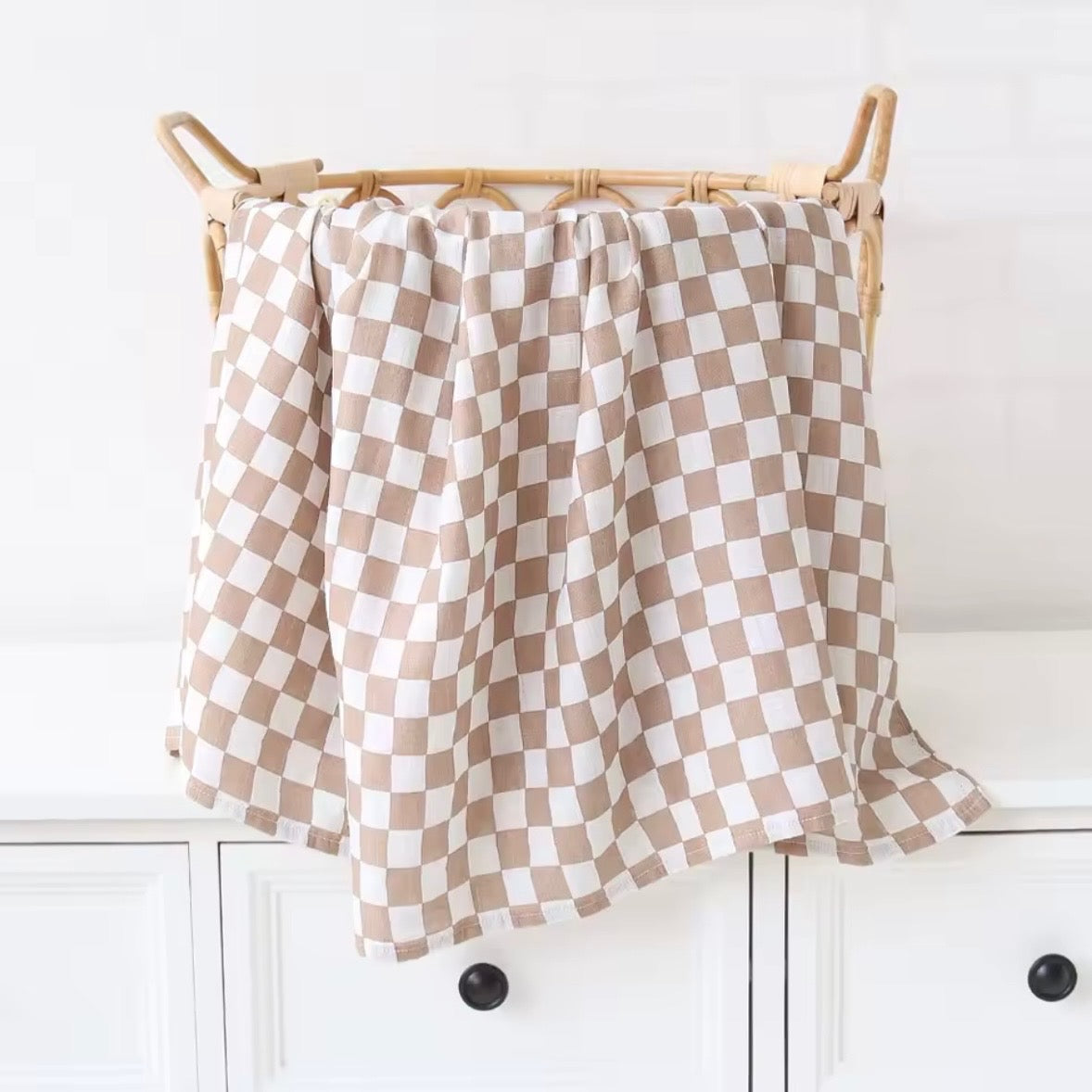 Muslin Cotton Swaddle Tan Checkered Print Blanket