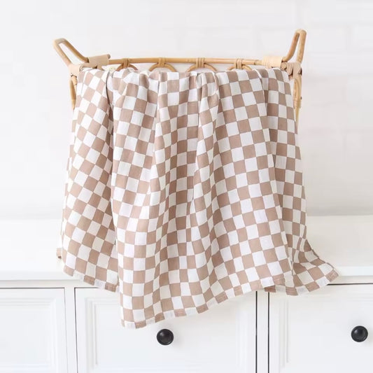 Muslin Cotton Swaddle Tan Checkered Print Blanket
