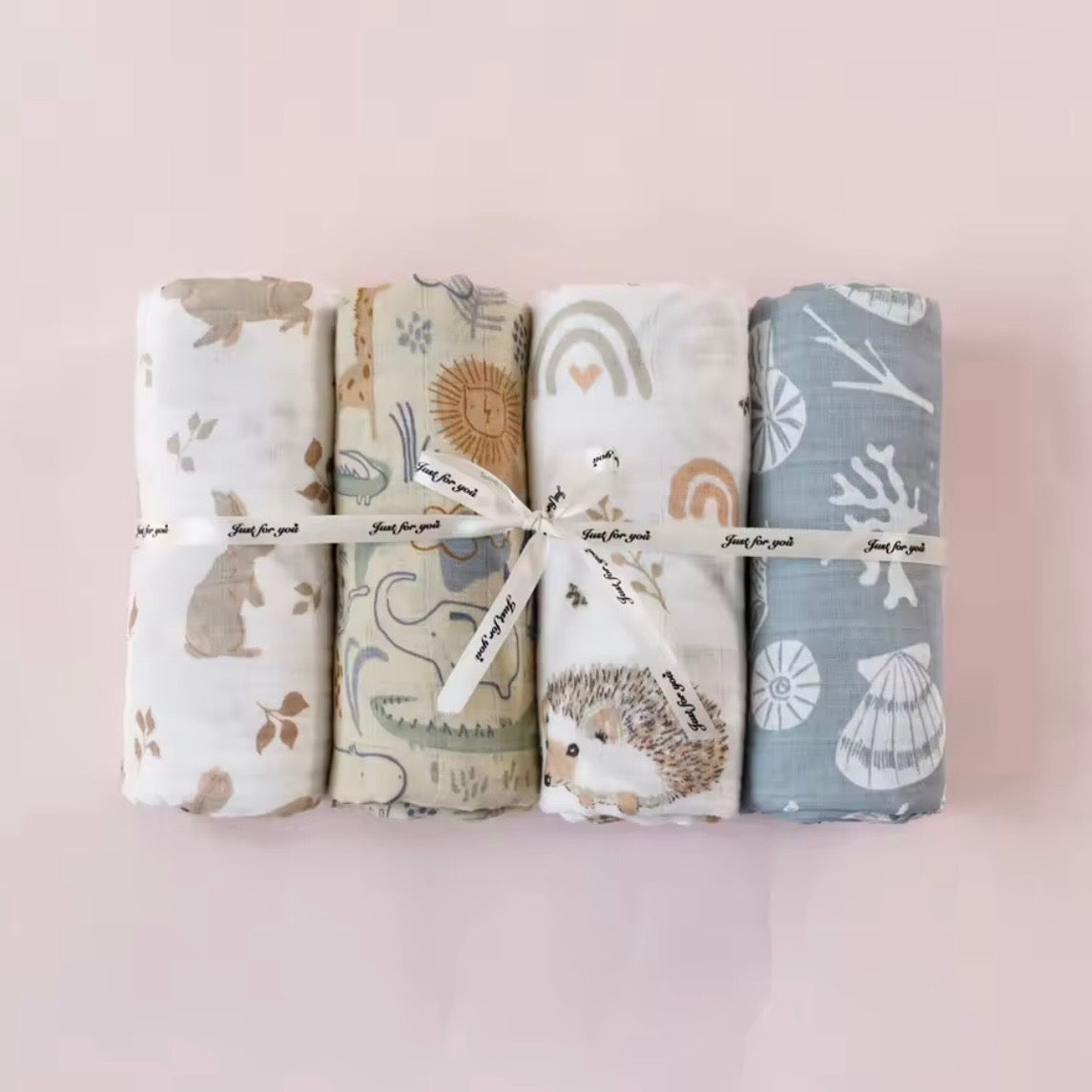 4 Pc Set: Swaddle Blanket Bamboo Muslin Cotton Gift Set Newborn Baby
