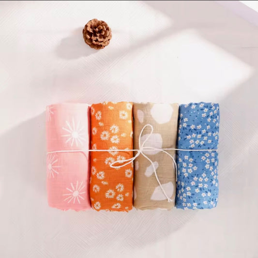 4 Pc Set: Swaddle Blanket Bamboo Muslin Cotton Gift Set Newborn Baby