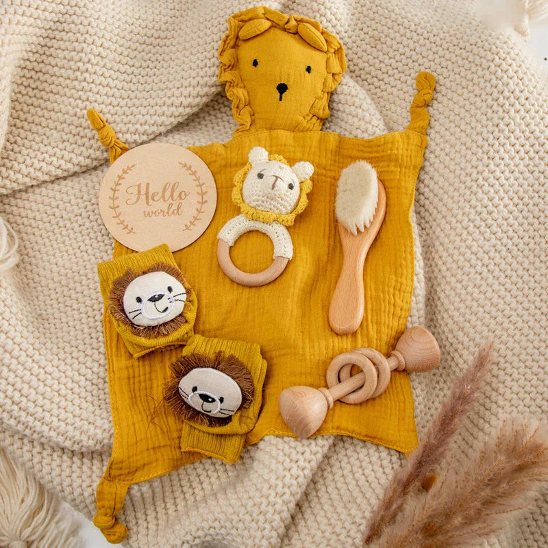 6 Pc Set: Newborn Baby Lion Lovey Bath Toy Gift Box Set