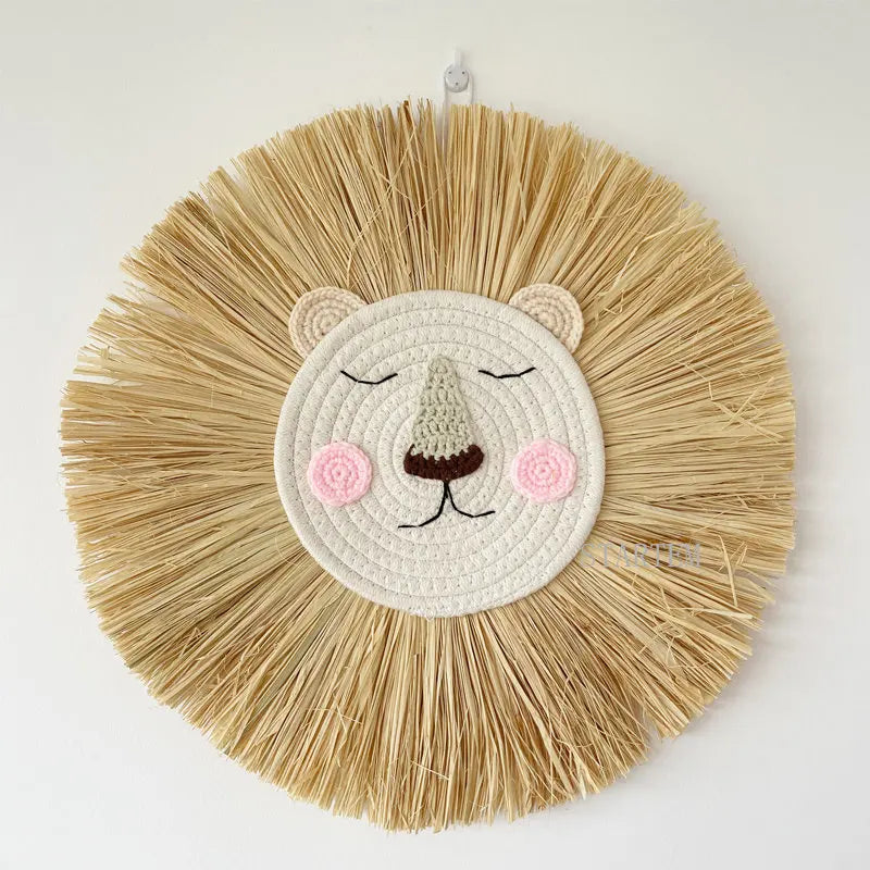 Nordic Handmade Lion with Pink Woven Wall Decor Nursery