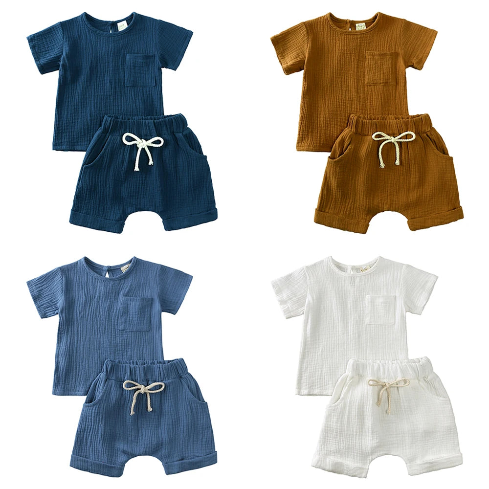 2 Pc Set: Summer Toddler Baby Blue Cotton Short Sleeve and Shorts Set