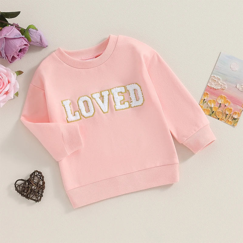 Baby Toddler Pink Loved Valentine’s Day Embroidery Long Sleeve Sweater