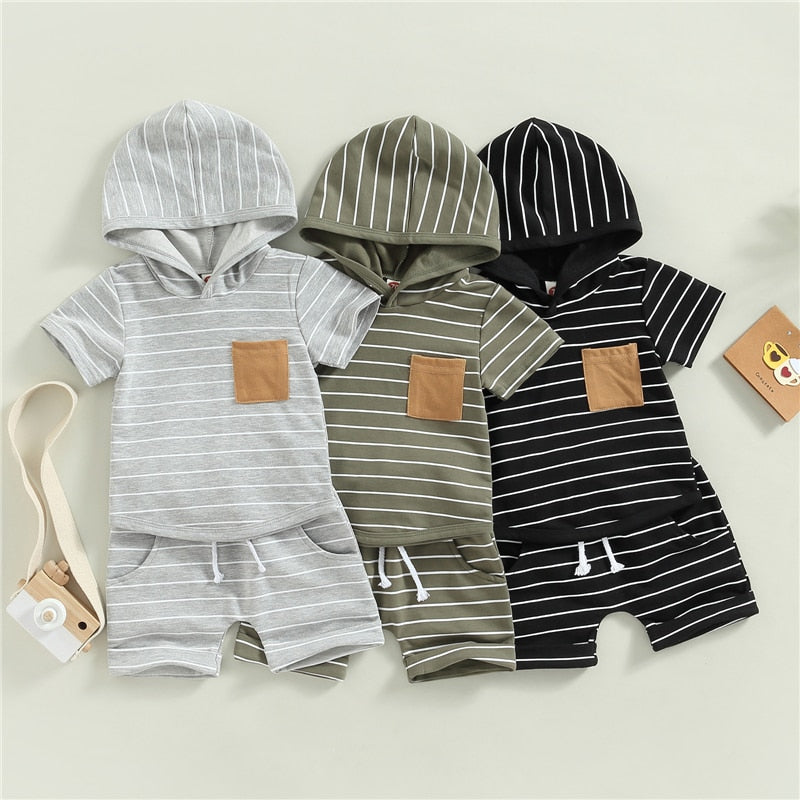 2 Pc: Baby Boy Gray Short Sleeve Striped Hooded Sweatshirt and Shorts Summer Set