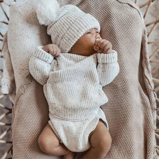 3Pc Newborn Knitted Soft Romper Set with Matching Hat and Socks