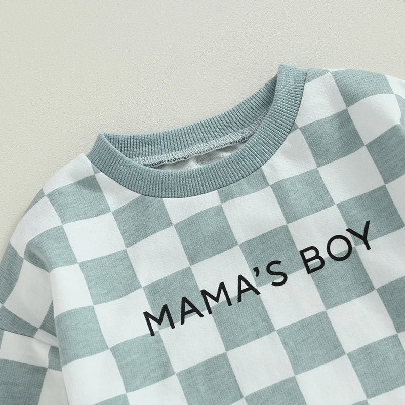 Baby Toddler Mustard Yellow Mama’s Boy Checkerboard Long Sleeve Crewneck Romper