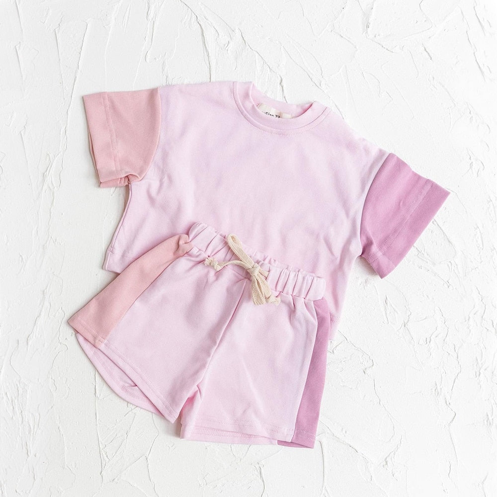 2 Piece Set: Baby Toddlers Cotton Short Sleeve Color Top and Shorts