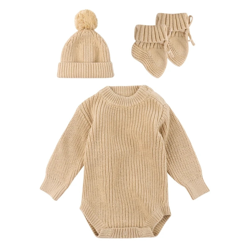 3Pc Newborn Knitted Soft Romper Set with Matching Hat and Socks