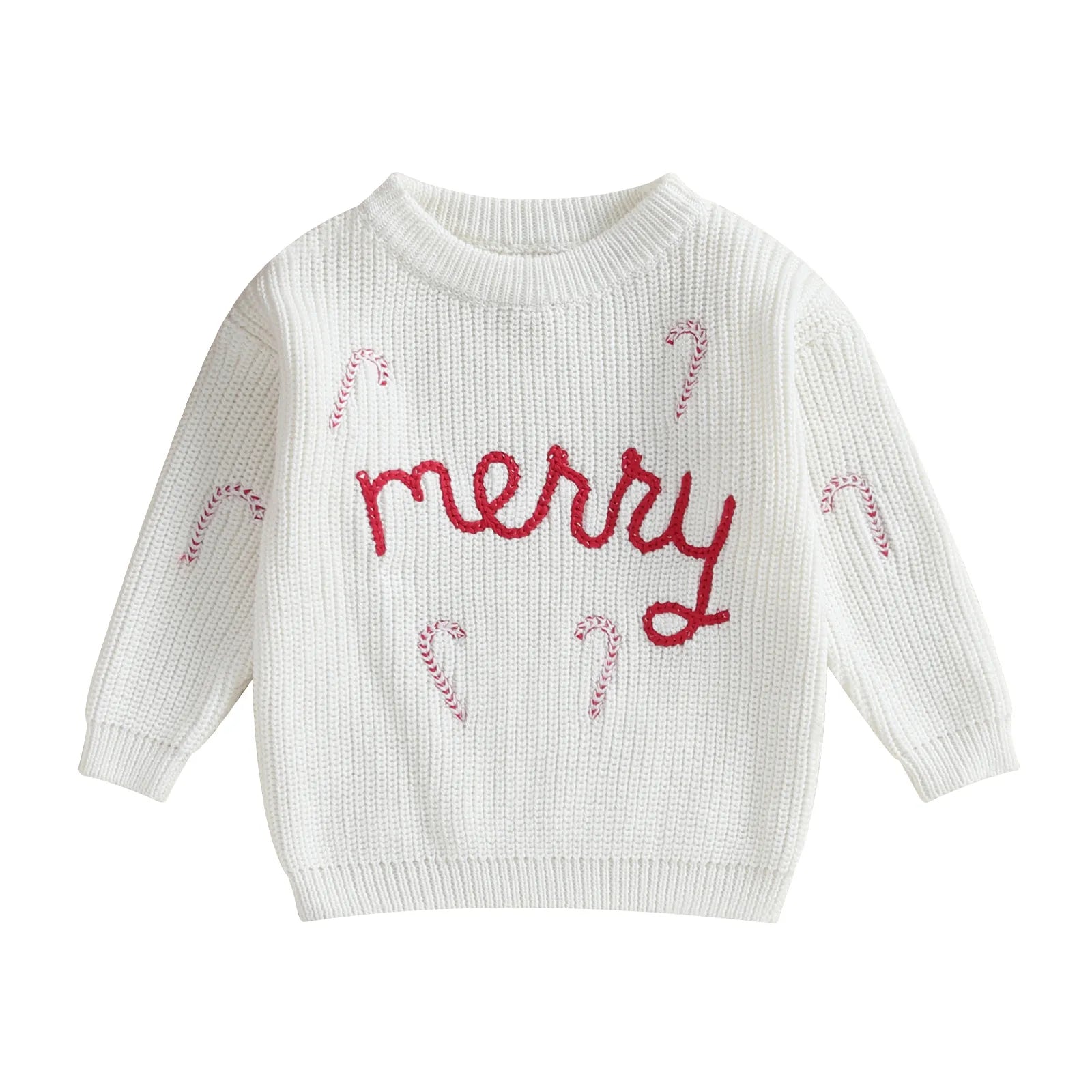 White Winter Holiday Knitted Embroidered Long Sleeve Christmas Sweater