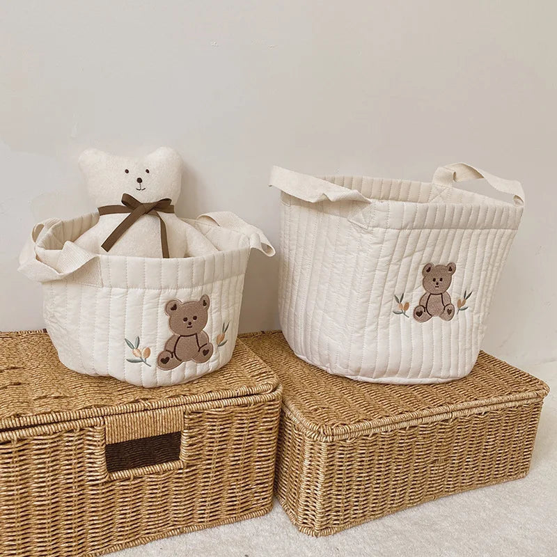 Soft Embroidered Bear Floral Cotton Toy Storage Bag Diaper Caddy