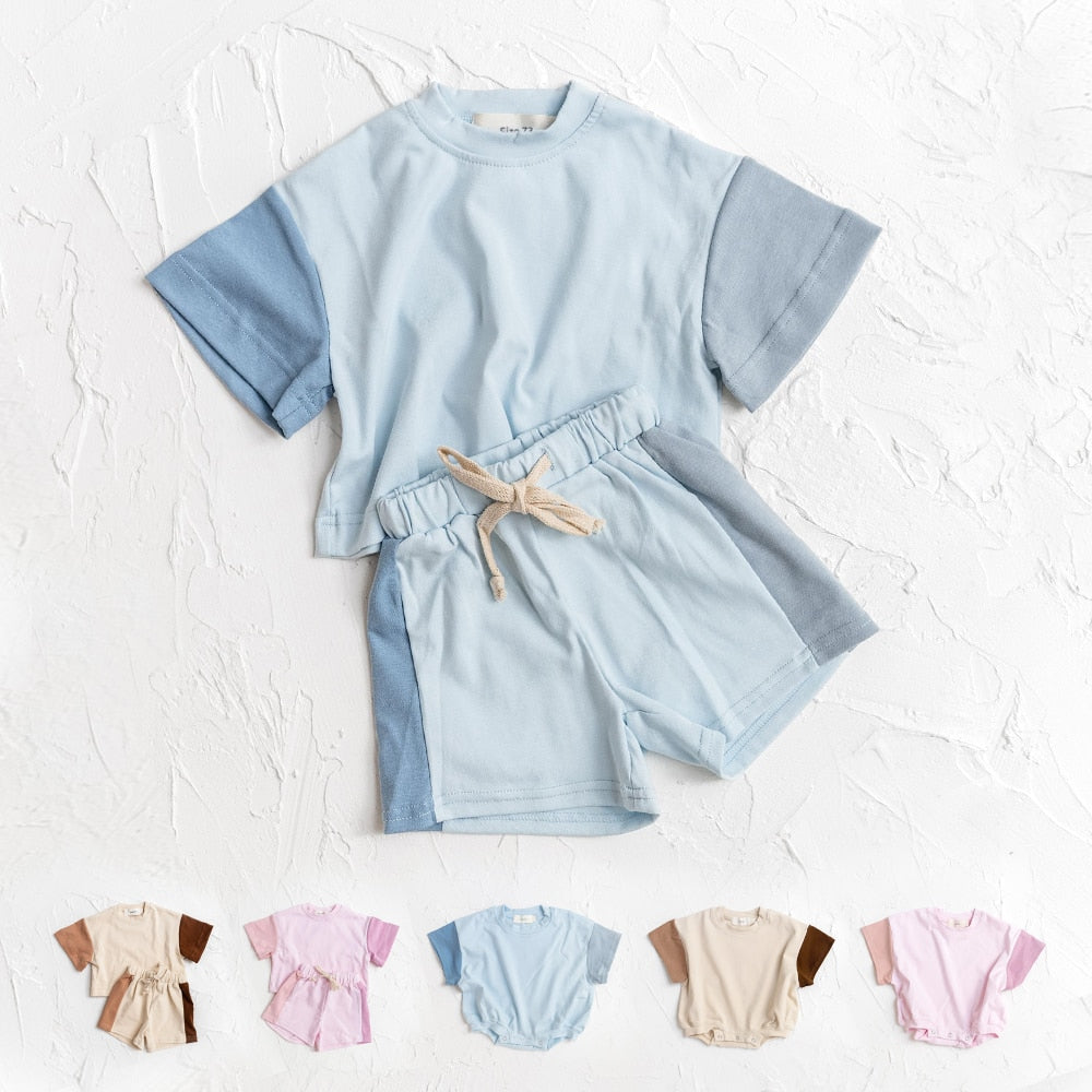 Baby Toddlers Cotton Short Sleeve Blue Color Block Romper
