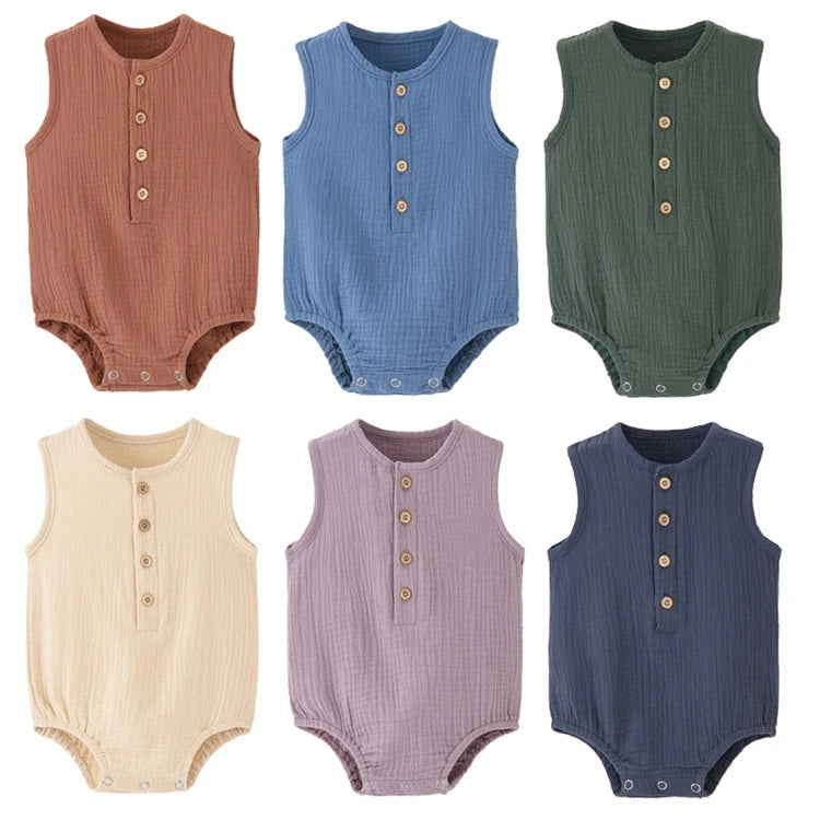 0-2T Summer Baby 100% Cotton Linen Bodysuits Sleeveless Romper