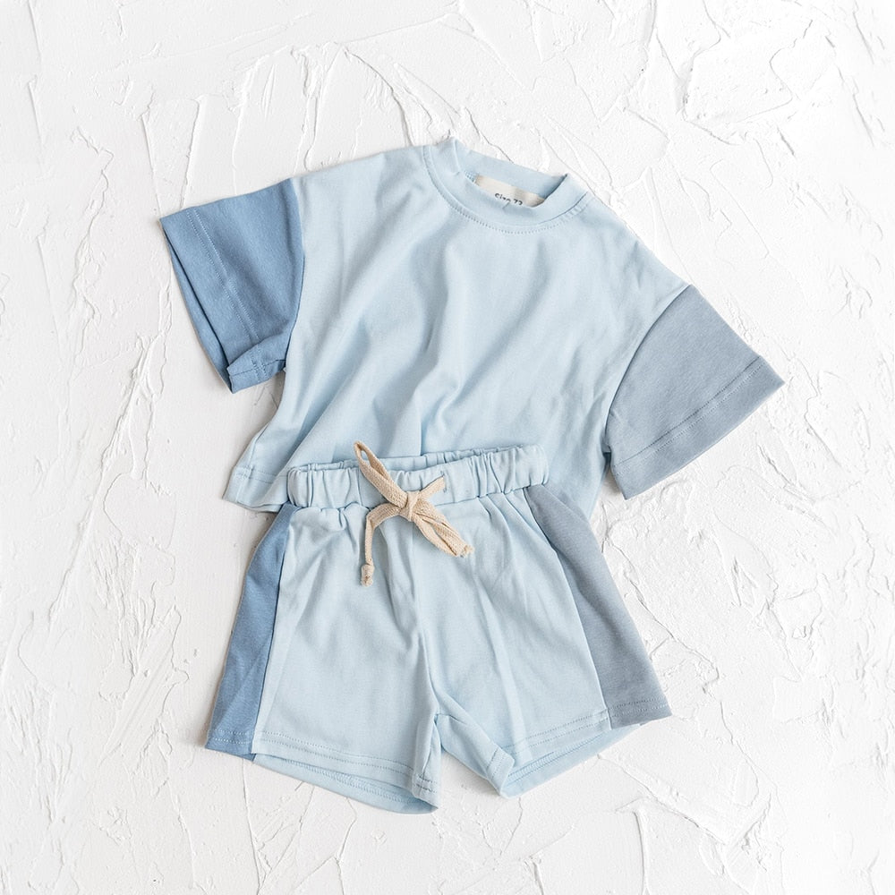 2 Piece Set: Baby Toddlers Cotton Short Sleeve Color Top and Shorts